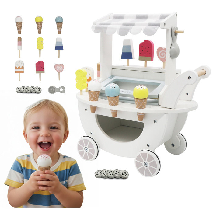 Drewniana lodziarnia na kółkach biały
