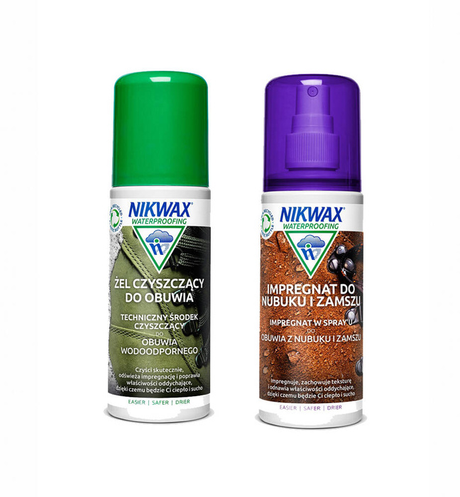 Zestaw Żel Czyszczący do Obuwia 125 ml/Impregnat do Nubuku i Zamszu Spray 125 ml Nikwax