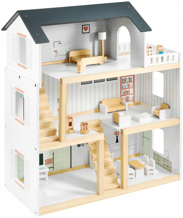 Piękny 3-poziomowy drewniany domek dla lalek z tarasem i meblami