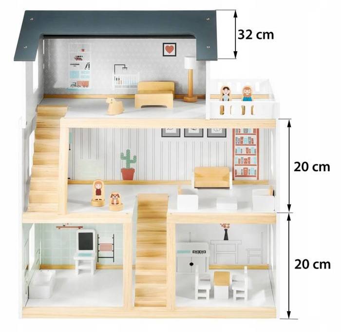 Piękny 3-poziomowy drewniany domek dla lalek z tarasem i meblami